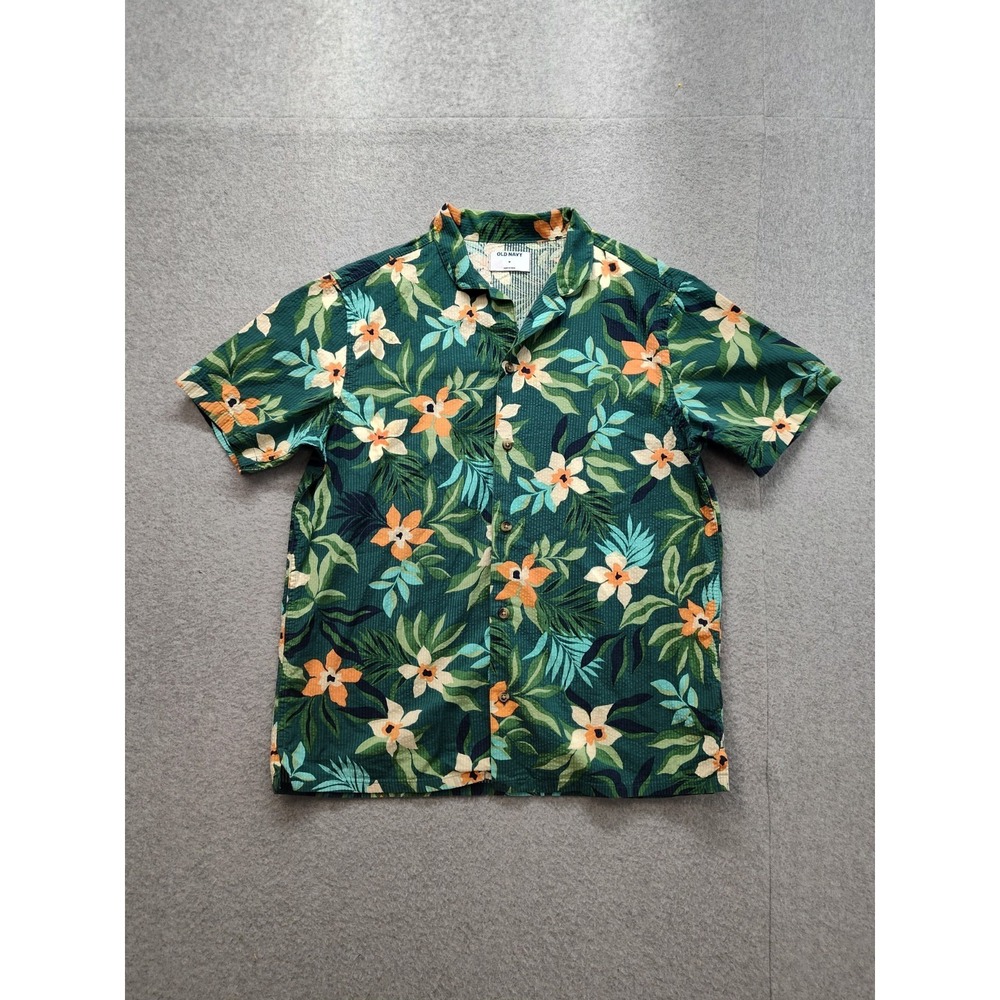 Old Navy Men Shirt L Green Tropical Floral Hawaiian Short Sleeve Button Up